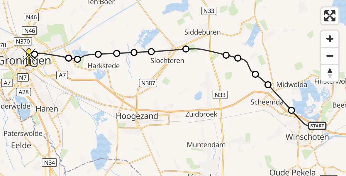 Routekaart van de vlucht: Lifeliner 4 naar Universitair Medisch Centrum Groningen, Dierenlaan