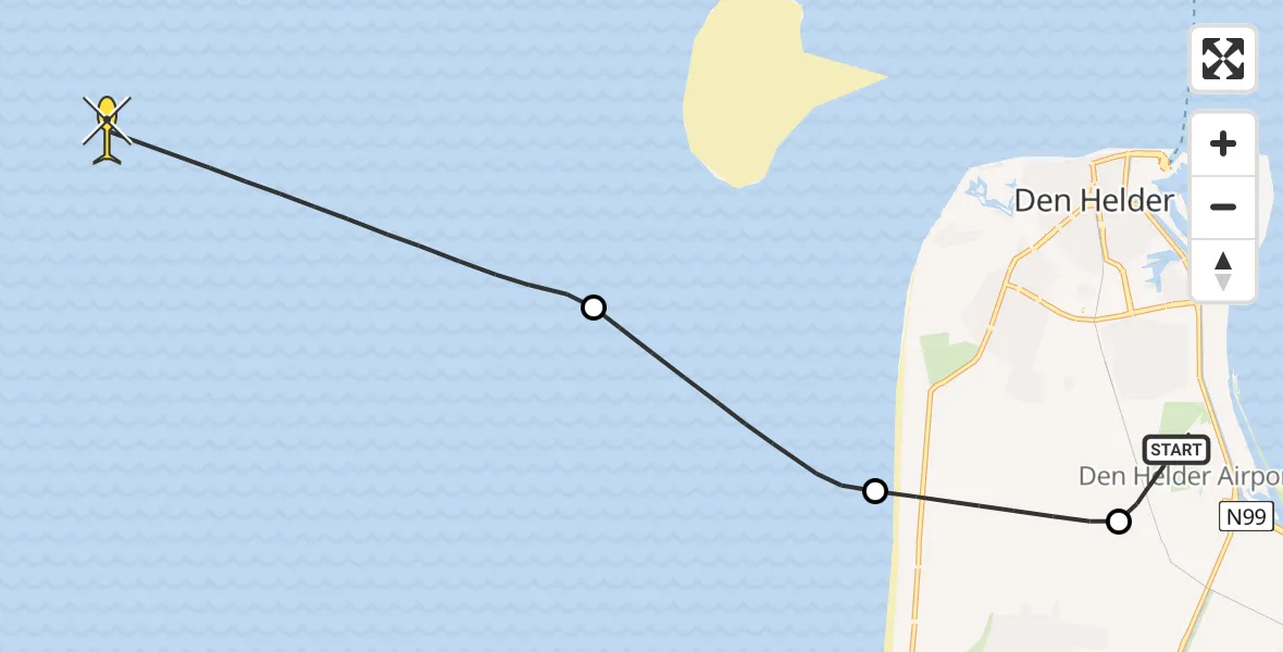 Routekaart van de vlucht: Kustwachthelikopter naar Kortevliet