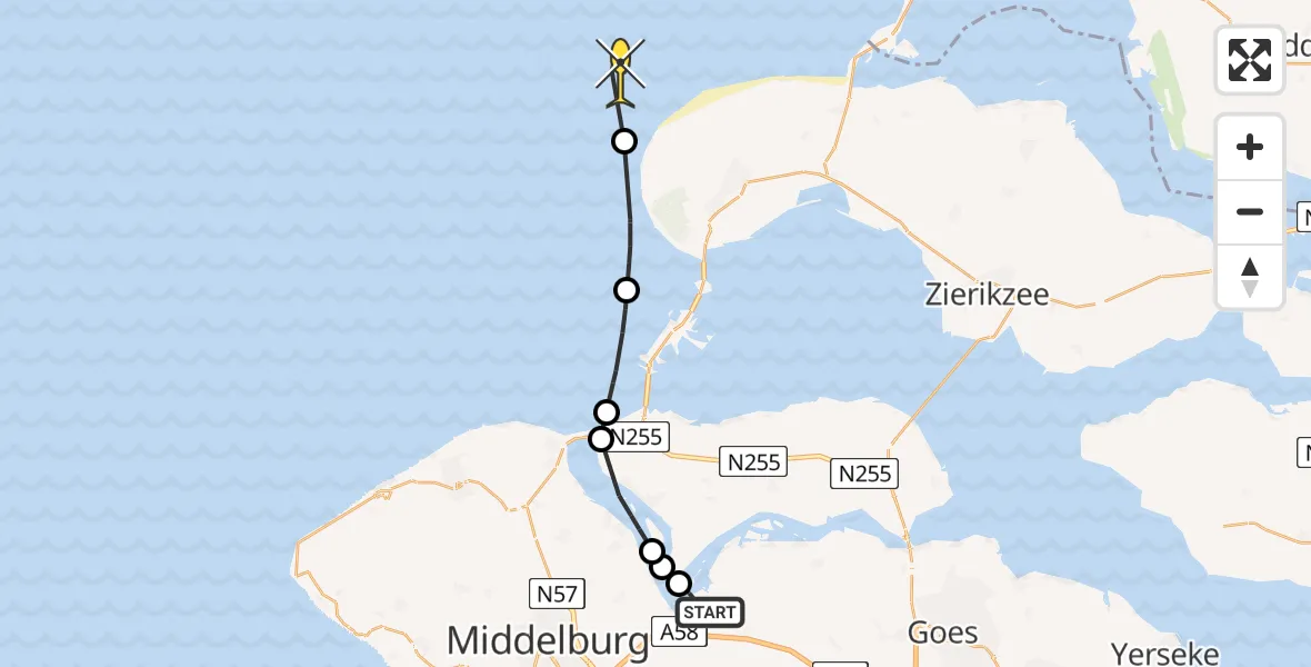 Routekaart van de vlucht: Kustwachthelikopter naar Oranjeplaatweg