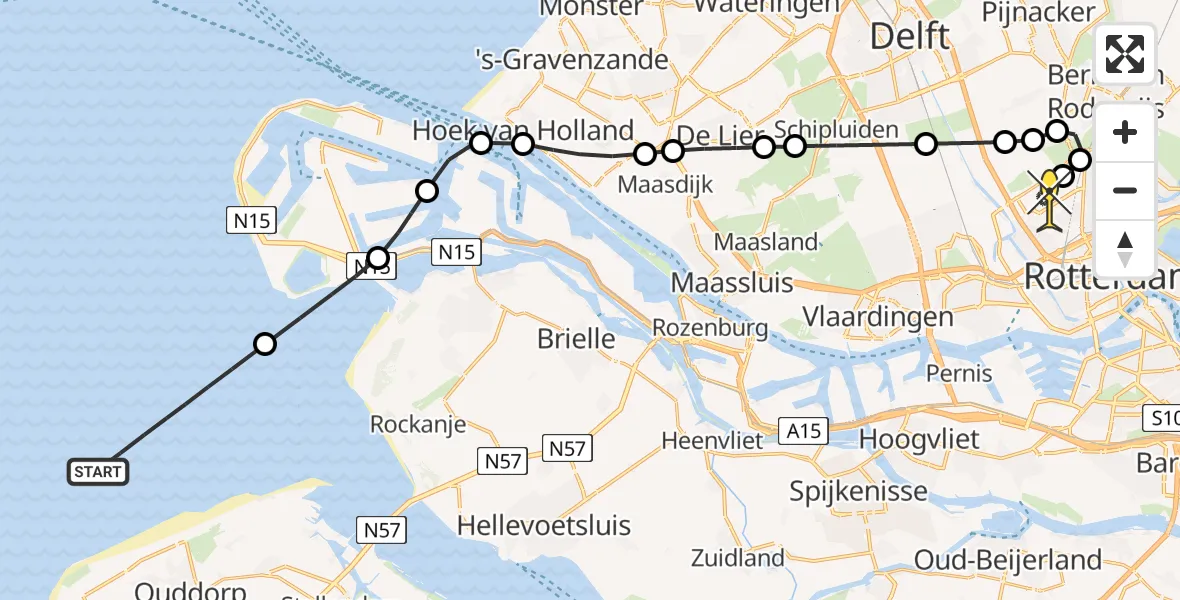 Routekaart van de vlucht: Kustwachthelikopter naar Rotterdam The Hague Airport, Malpensabaan