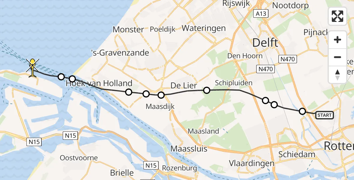 Routekaart van de vlucht: Kustwachthelikopter naar Maasvlakte, Delftweg