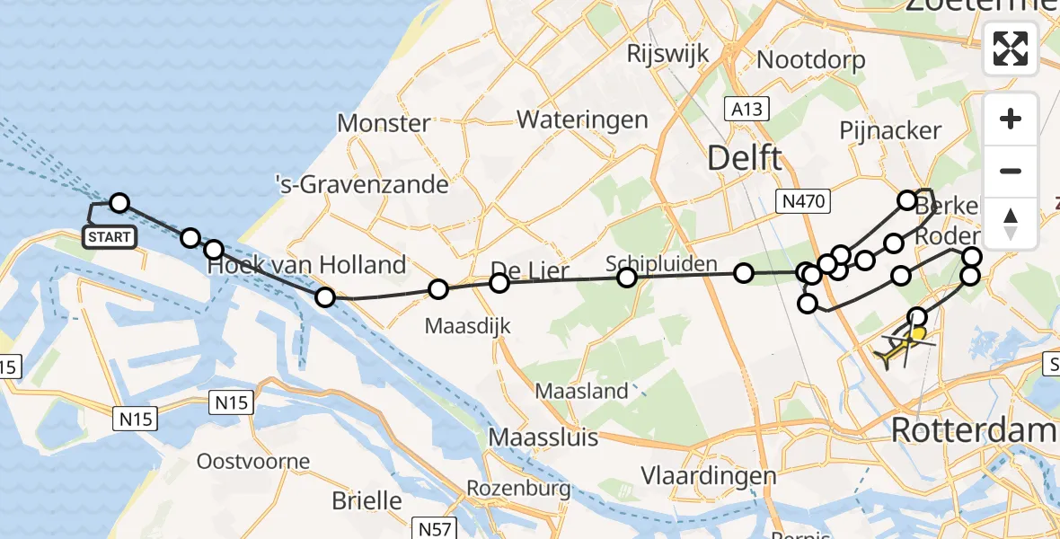 Routekaart van de vlucht: Kustwachthelikopter naar Rotterdam The Hague Airport, Malpensabaan