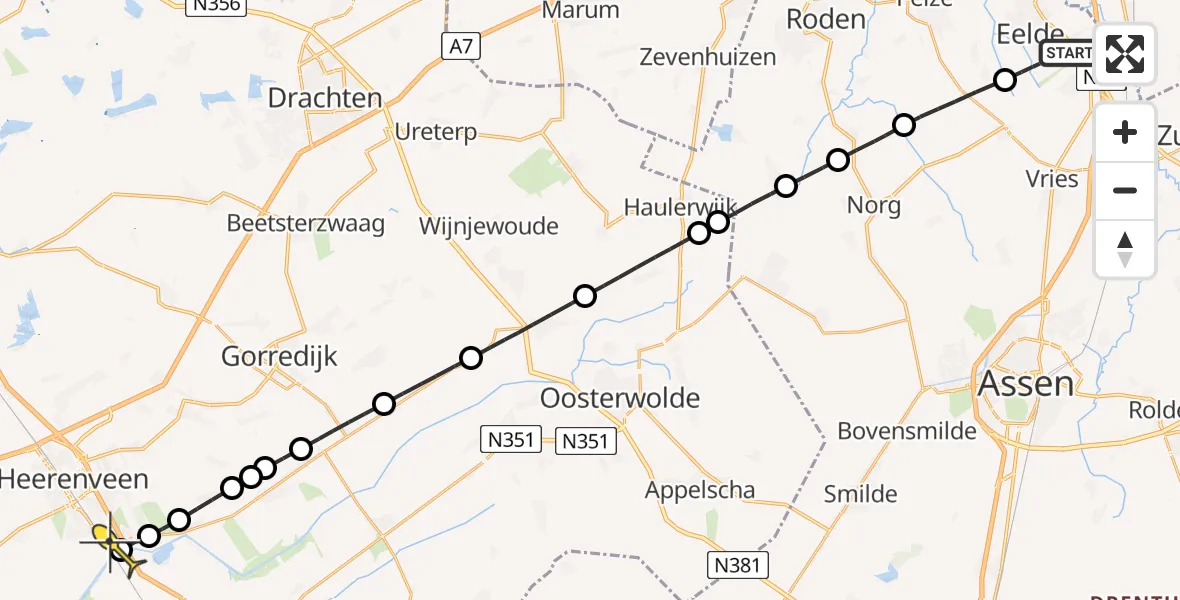 Routekaart van de vlucht: Lifeliner 4 naar Heerenveen, Veldkampweg