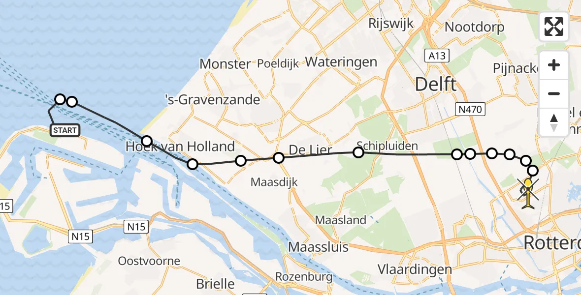 Routekaart van de vlucht: Kustwachthelikopter naar Rotterdam The Hague Airport, Prinses Máximaweg