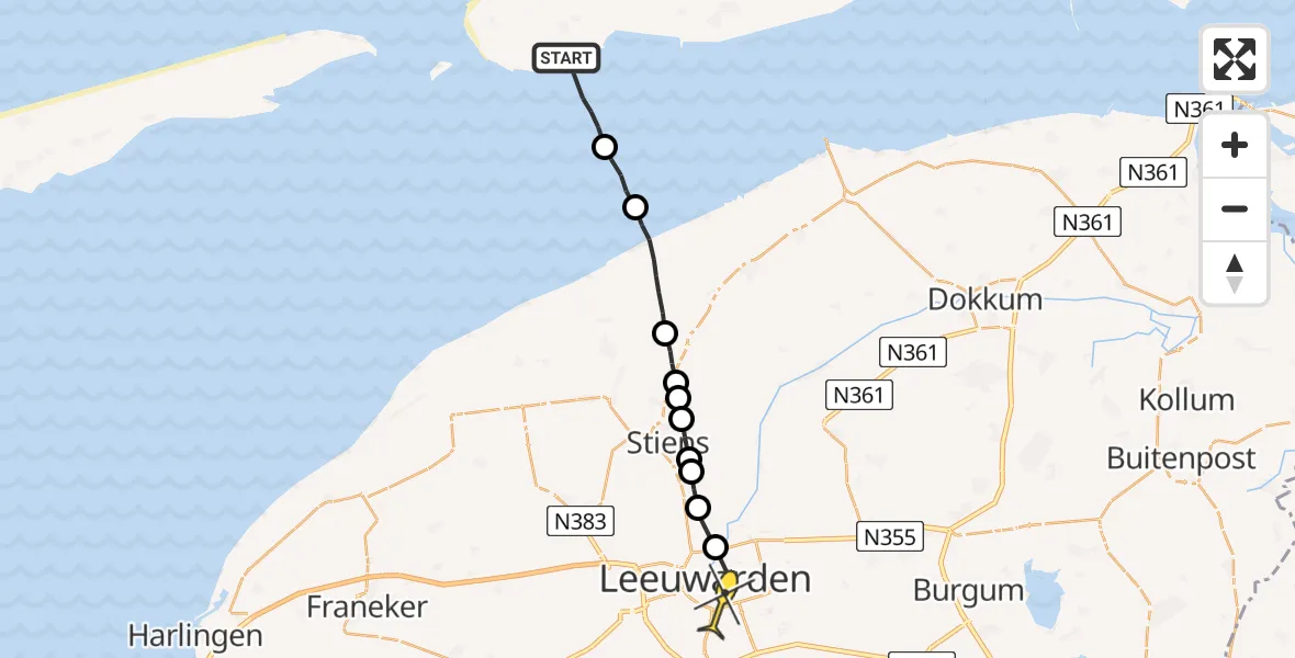 Routekaart van de vlucht: Ambulanceheli naar Leeuwarden, Molengat