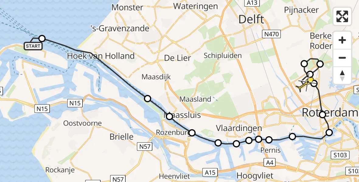 Routekaart van de vlucht: Kustwachthelikopter naar Rotterdam The Hague Airport, Prinses Máximaweg