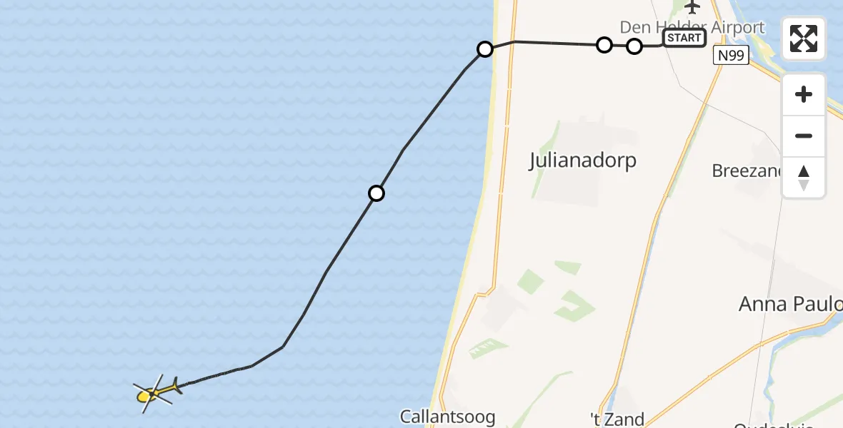 Routekaart van de vlucht: Kustwachthelikopter naar Middenvliet