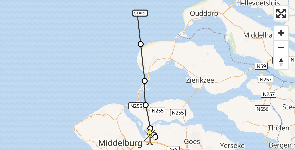 Routekaart van de vlucht: Kustwachthelikopter naar Vliegveld Midden-Zeeland, Calandweg