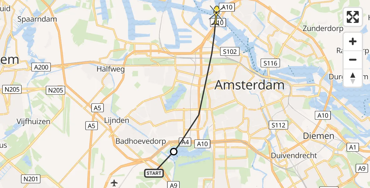 Routekaart van de vlucht: Politieheli naar Amsterdam, Nieuwe Meer, Noordoever