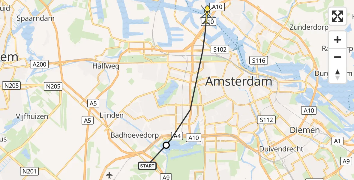 Vluchtroute Politiehelikopter van Schiphol naar Amsterdam