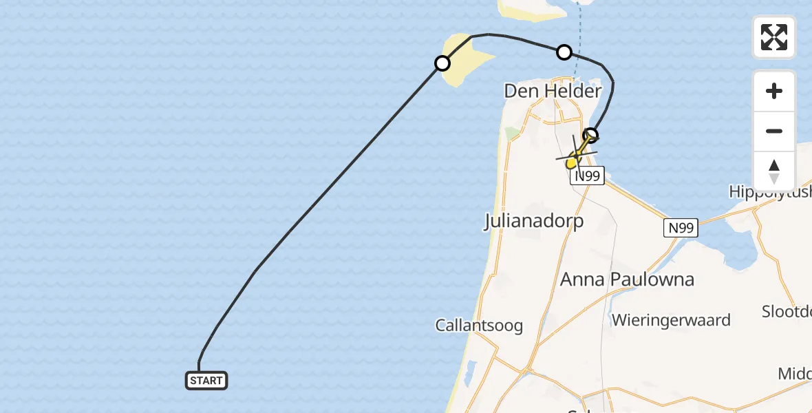 Routekaart van de vlucht: Kustwachthelikopter naar Vliegveld De Kooy, Rijksweg