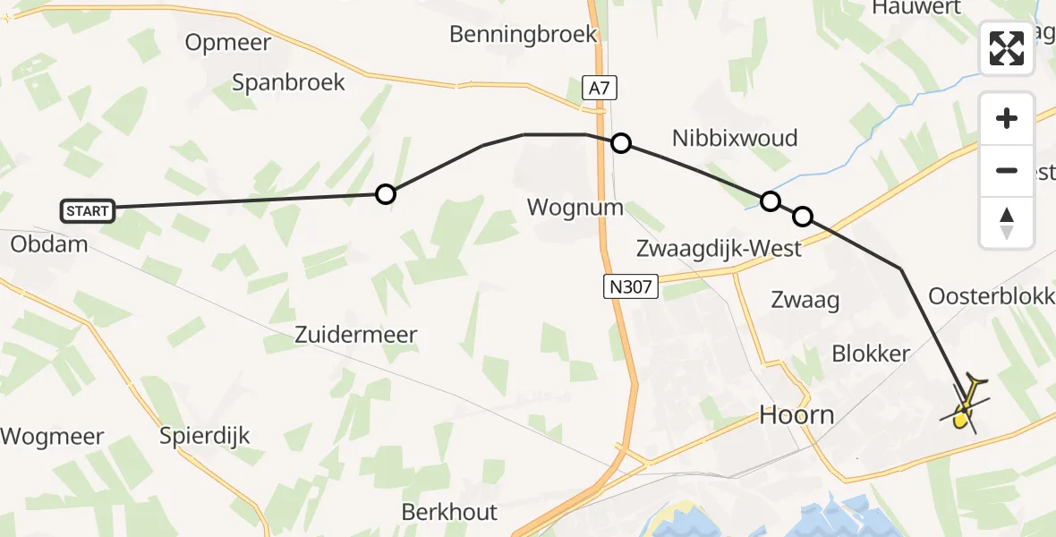 Routekaart van de vlucht: Politiehelikopter naar Hoorn, Molensloot