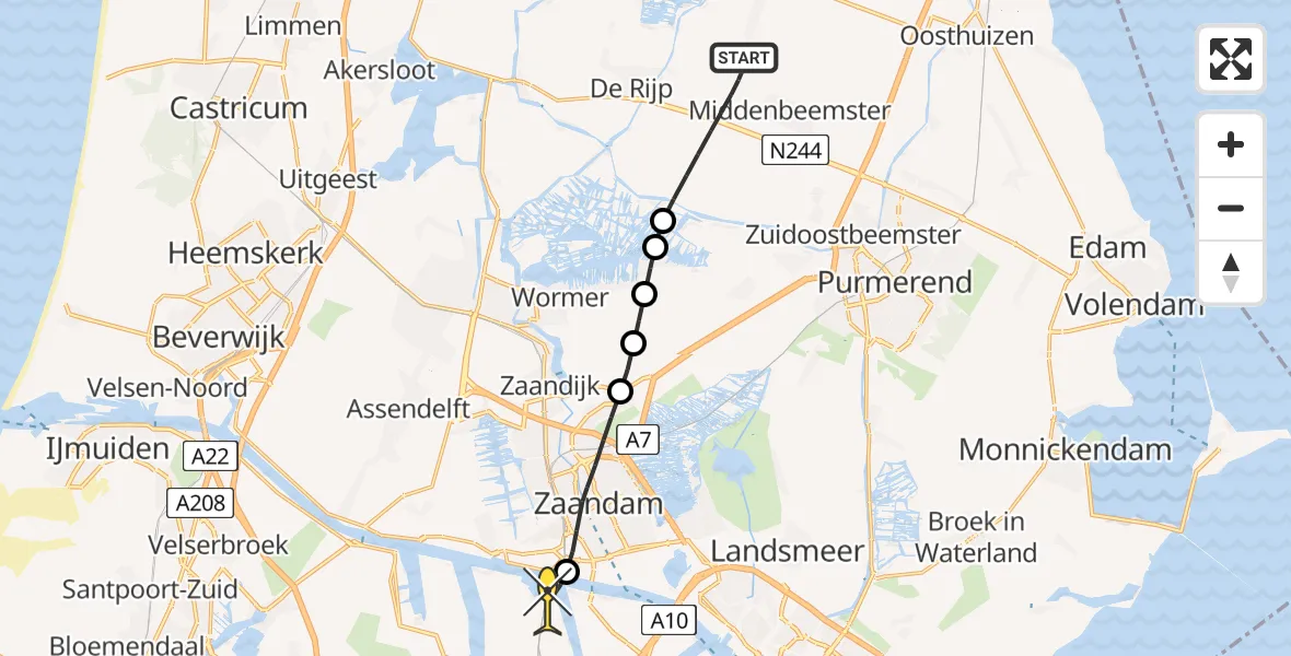 Routekaart van de vlucht: Lifeliner 1 naar Amsterdam Heliport