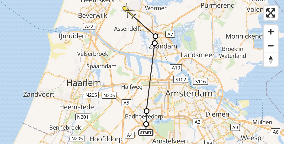 Routekaart van de vlucht: Politieheli naar Assendelft