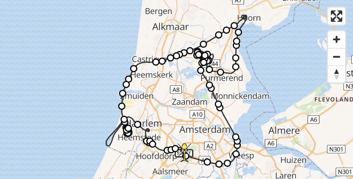 Routekaart van de vlucht: Politieheli naar Schiphol