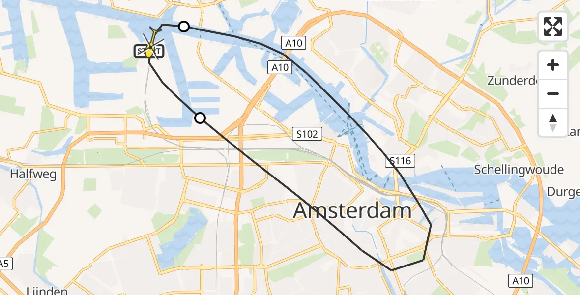 Routekaart van de vlucht: Lifeliner 1 naar Amsterdam Heliport