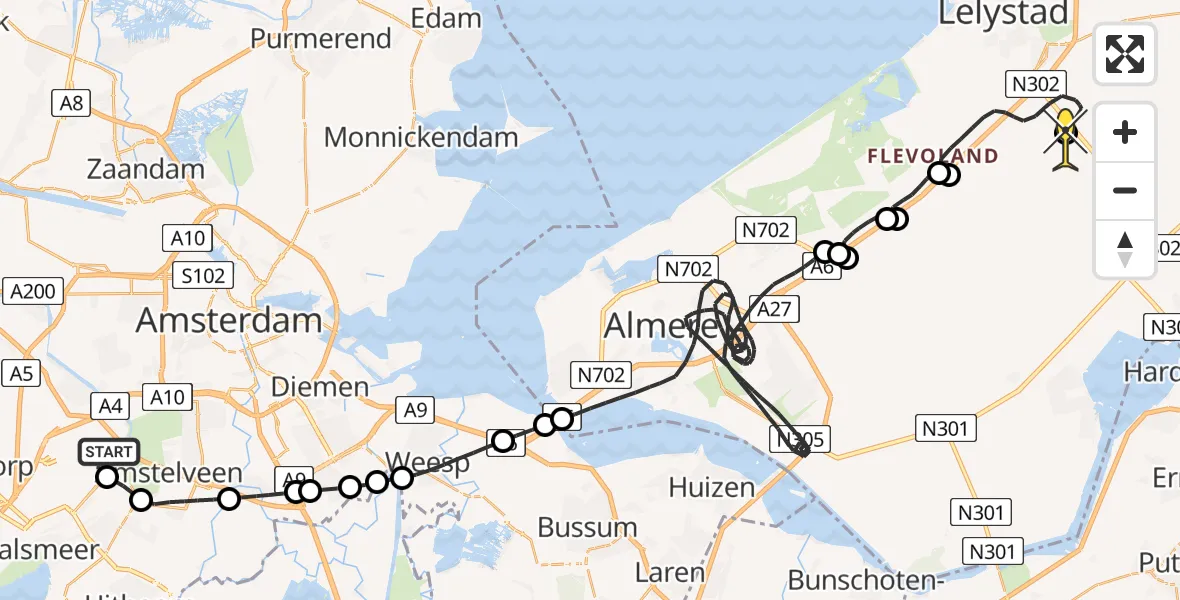 Routekaart van de vlucht: Politieheli naar Lelystad Airport, Westerkimweg