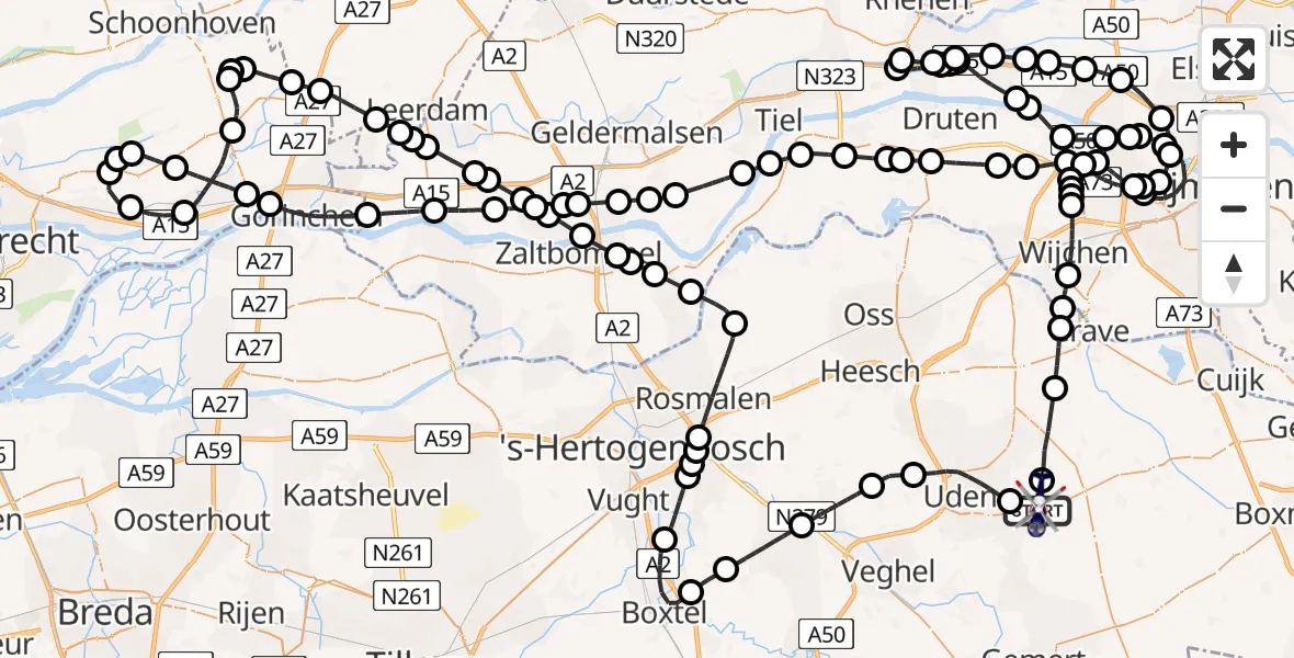 Vluchtroute Politiehelikopter van Vliegbasis Volkel naar Vliegbasis Volkel