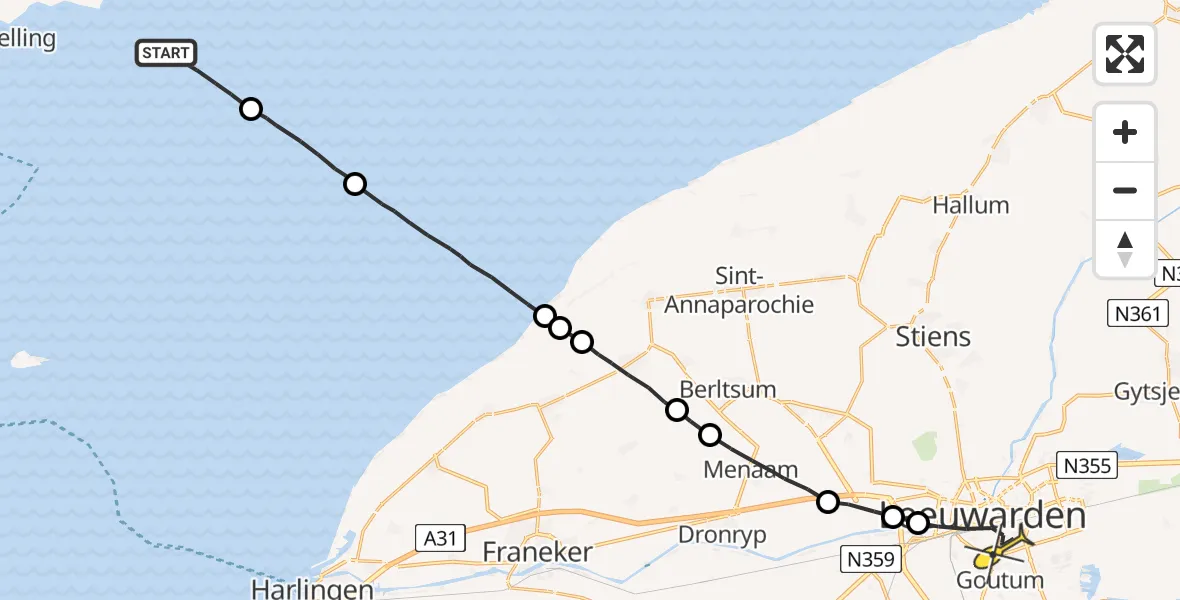 Routekaart van de vlucht: Ambulanceheli naar Leeuwarden, Noorder Balgen