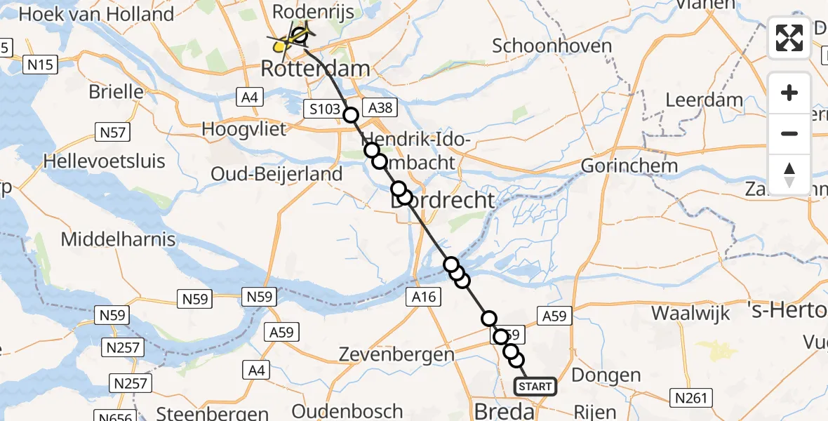 Routekaart van de vlucht: Lifeliner 2 naar Rotterdam The Hague Airport, Blauwhoefsedreef