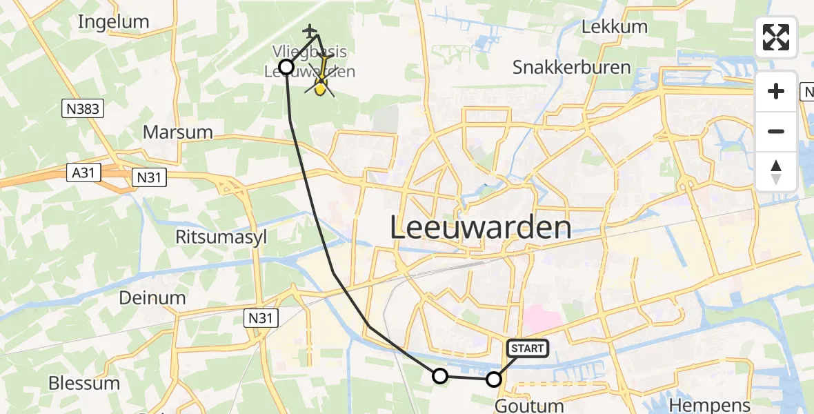 Routekaart van de vlucht: Ambulanceheli naar Vliegbasis Leeuwarden, Boechkade