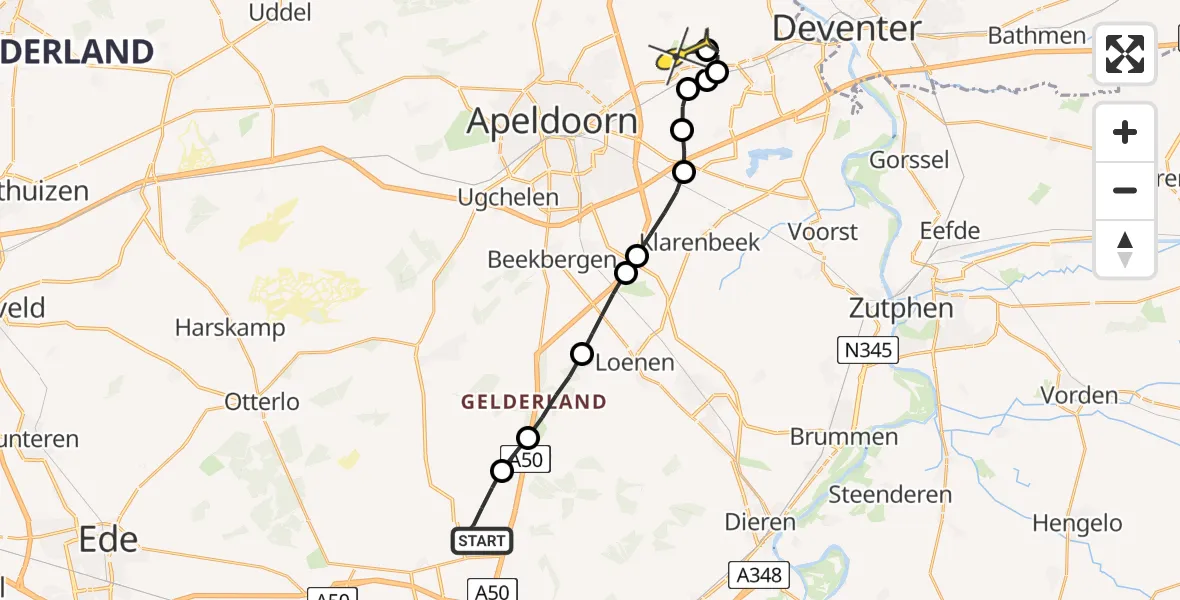 Routekaart van de vlucht: Politieheli naar Vliegveld Teuge, West Vrijlandweg