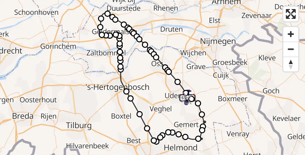 Vluchtroute Politiehelikopter van Vliegbasis Volkel naar Vliegbasis Volkel
