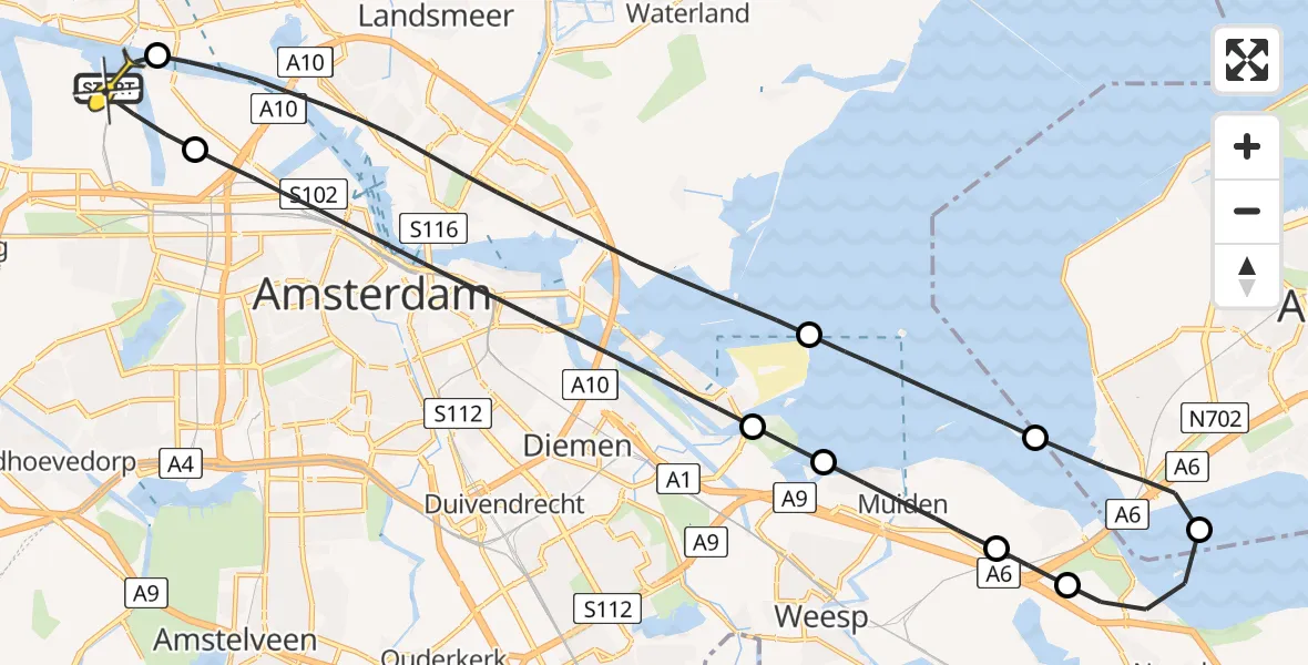 Routekaart van de vlucht: Lifeliner 1 naar Amsterdam Heliport, Nustar Terminals B.V.