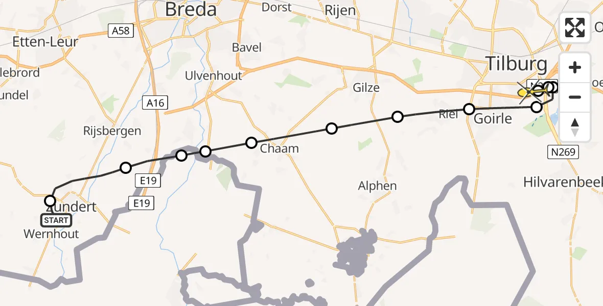 Routekaart van de vlucht: Lifeliner 2 naar Tilburg, Rucphenseweg