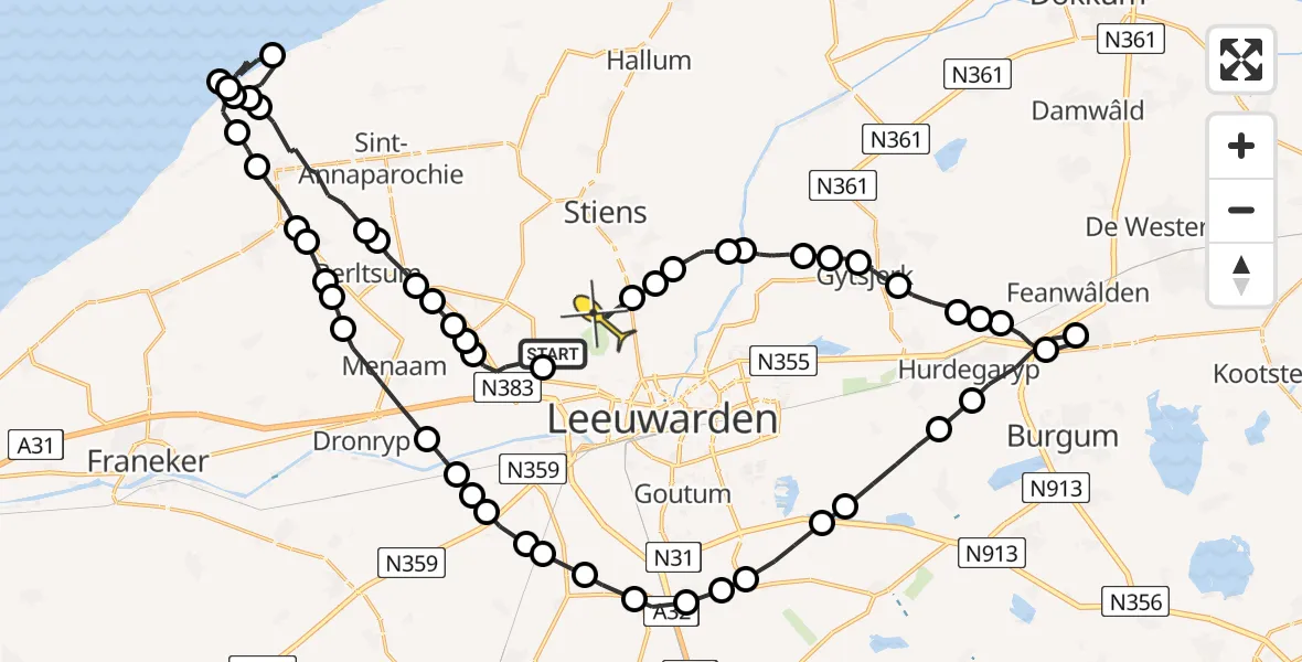 Routekaart van de vlucht: Ambulanceheli naar Vliegbasis Leeuwarden, Bitgumerdyk