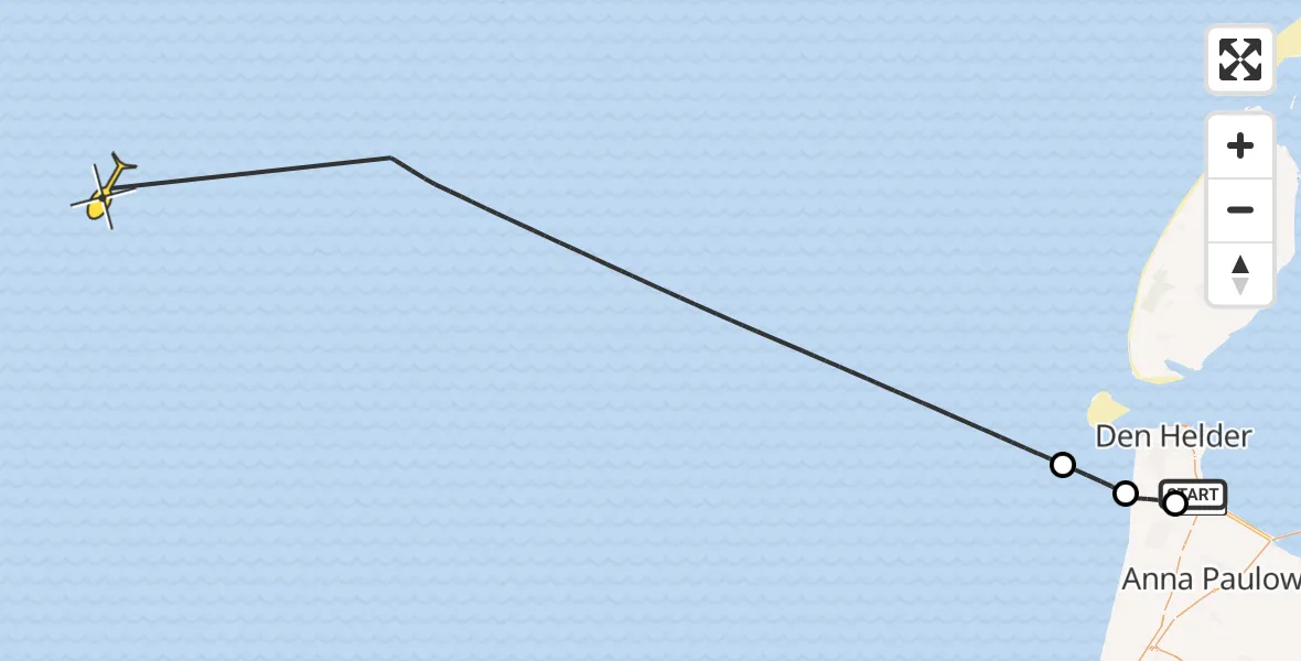 Routekaart van de vlucht: Kustwachthelikopter naar Middenvliet