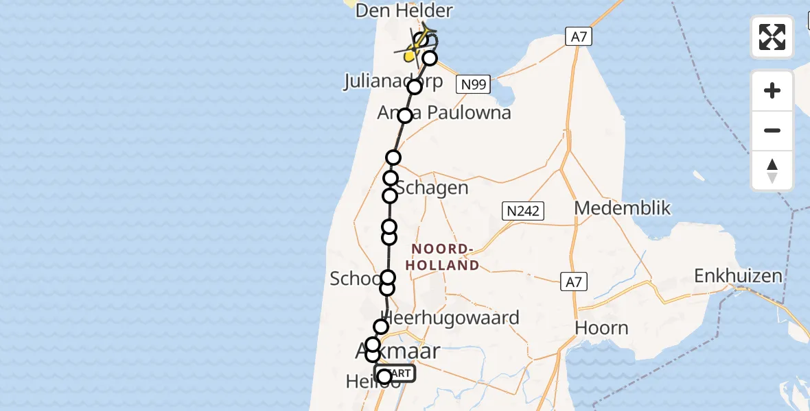 Routekaart van de vlucht: Kustwachthelikopter naar Vliegveld De Kooy, Doggersvaart