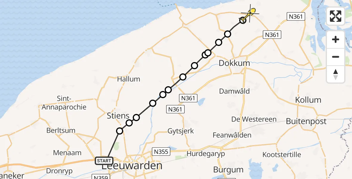 Routekaart van de vlucht: Ambulanceheli naar Nes, Nijlânsdyk