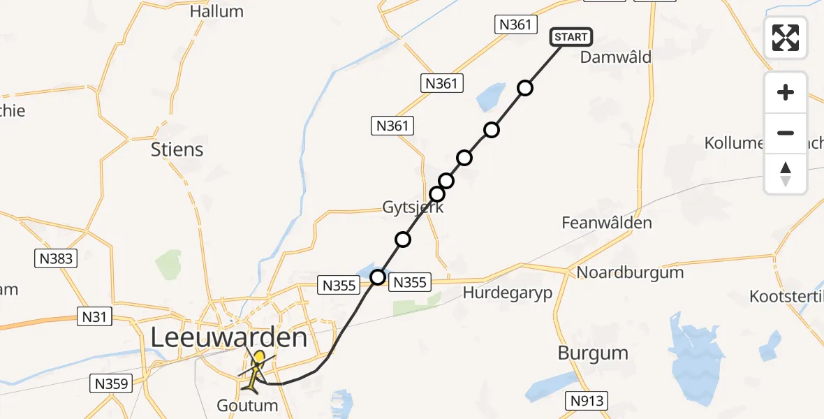 Routekaart van de vlucht: Ambulanceheli naar Leeuwarden, Heechfinne