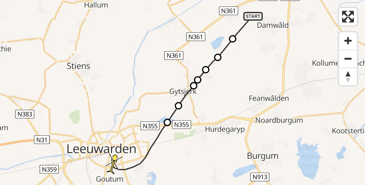 Routekaart van de vlucht: Ambulancehelikopter naar Leeuwarden, Heechfinne