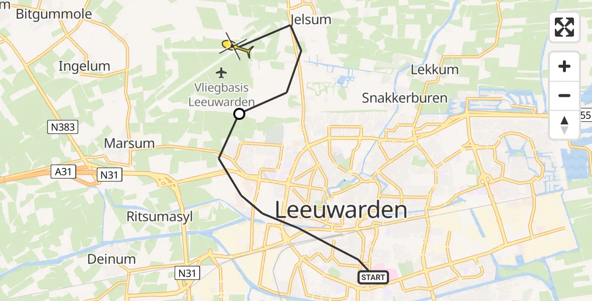 Vluchtroute Ambulancehelikopter van Leeuwarden naar Vliegbasis Leeuwarden