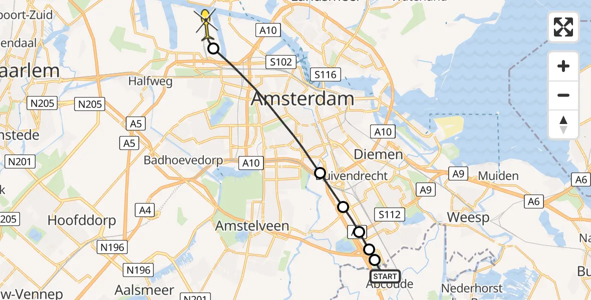 Routekaart van de vlucht: Lifeliner 1 naar Amsterdam Heliport, Holendrechterweg