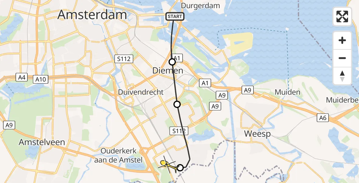 Routekaart van de vlucht: Lifeliner 1 naar Academisch Medisch Centrum (AMC), Diemerzeedijk