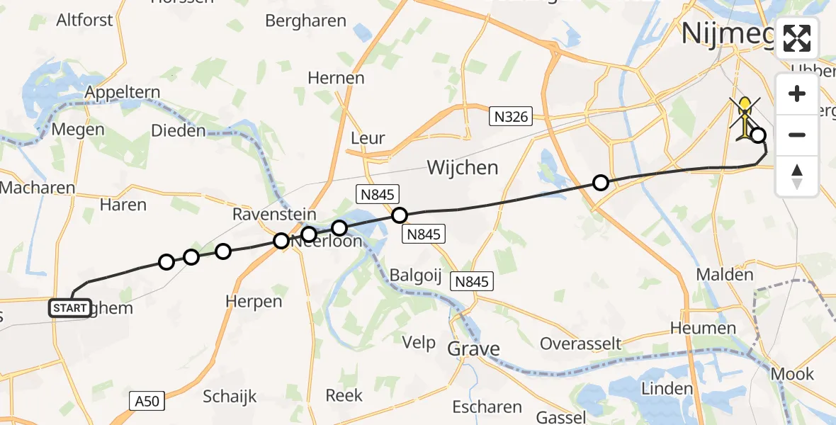 Routekaart van de vlucht: Lifeliner 3 naar Radboud Universitair Medisch Centrum, Harenseweg