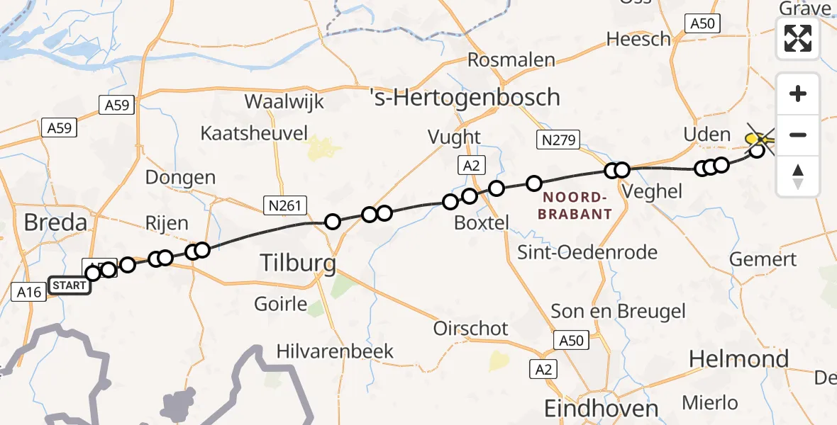 Routekaart van de vlucht: Lifeliner 3 naar Vliegbasis Volkel, Zeelandsedijk