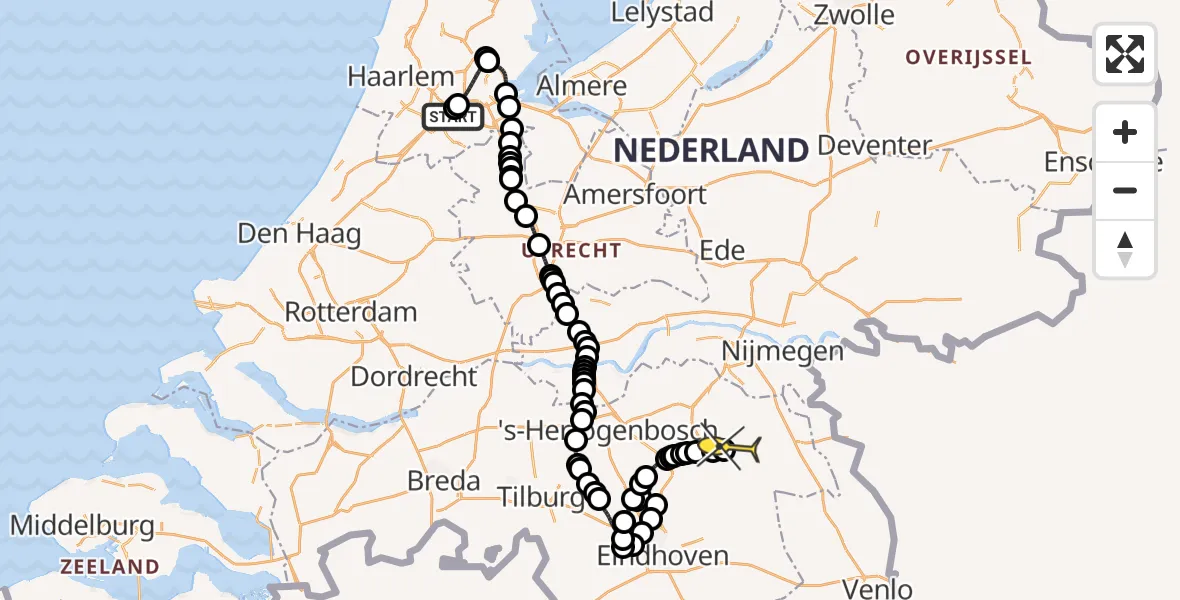 Vluchtroute Politiehelikopter van Schiphol naar Vliegbasis Volkel