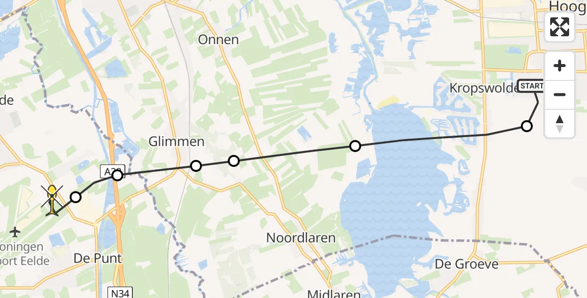 Routekaart van de vlucht: Lifeliner 4 naar Groningen Airport Eelde, Woldweg