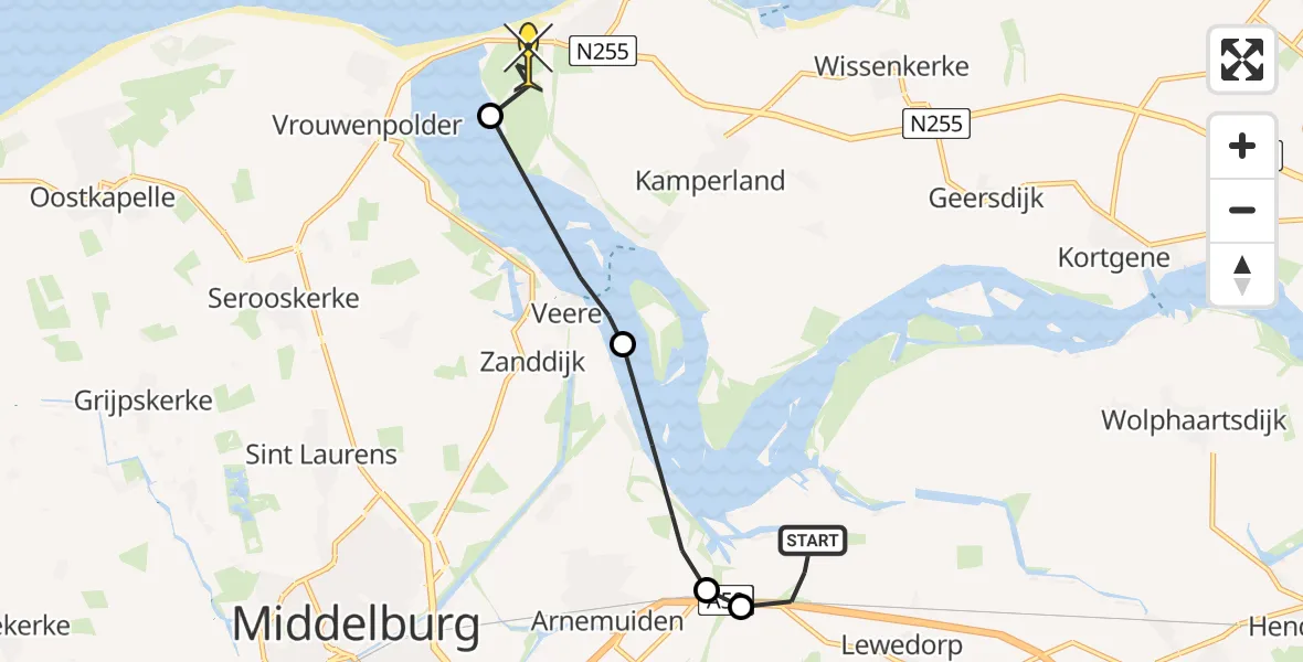 Routekaart van de vlucht: Kustwachthelikopter naar Kamperland, Postweg