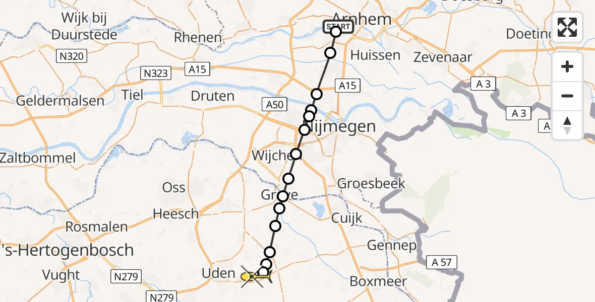 Routekaart van de vlucht: Lifeliner 3 naar Vliegbasis Volkel, Drielsedijk