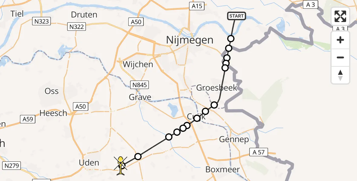 Routekaart van de vlucht: Lifeliner 3 naar Vliegbasis Volkel, de Kaaksedam