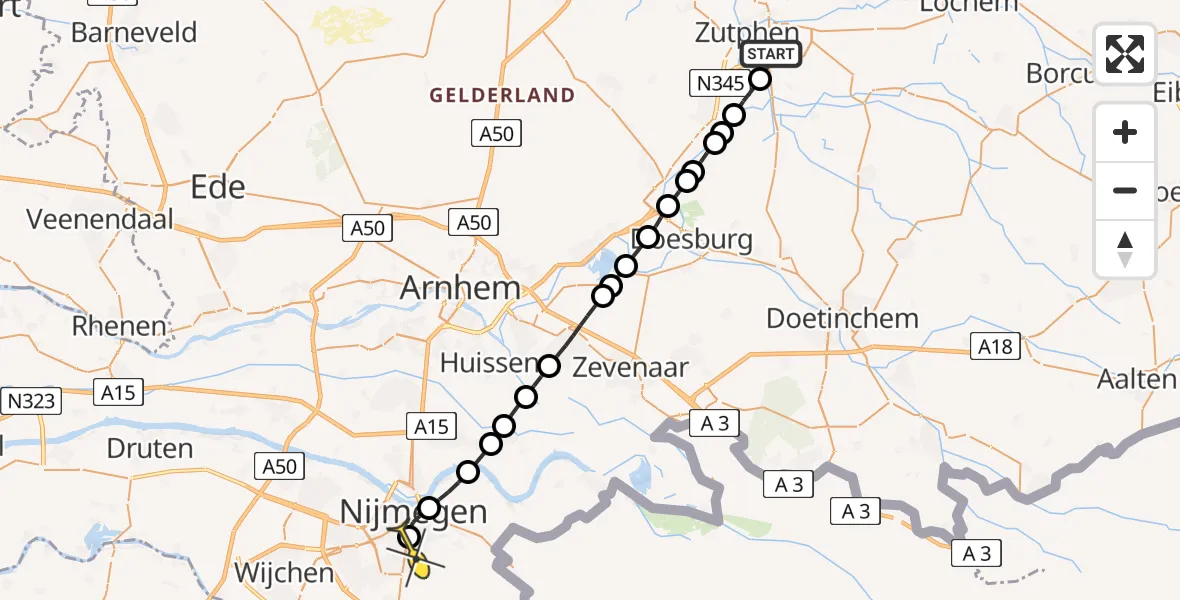 Routekaart van de vlucht: Lifeliner 3 naar Radboud Universitair Medisch Centrum, Den Elterweg