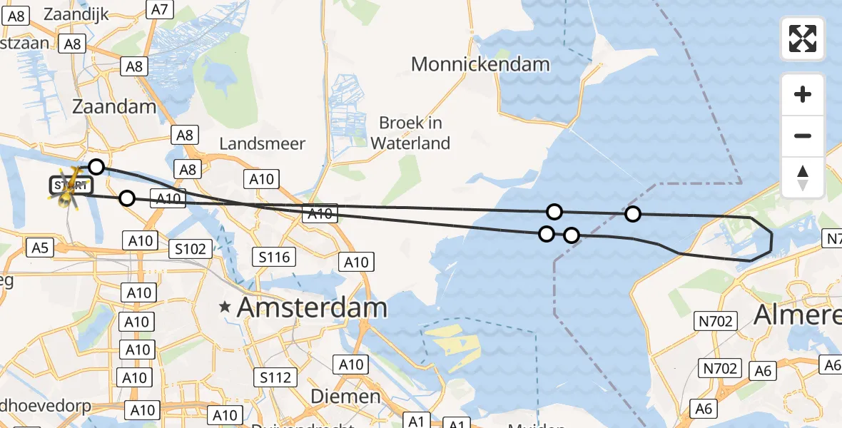 Vluchtroute Traumahelikopter van Amsterdam Heliport naar Amsterdam Heliport