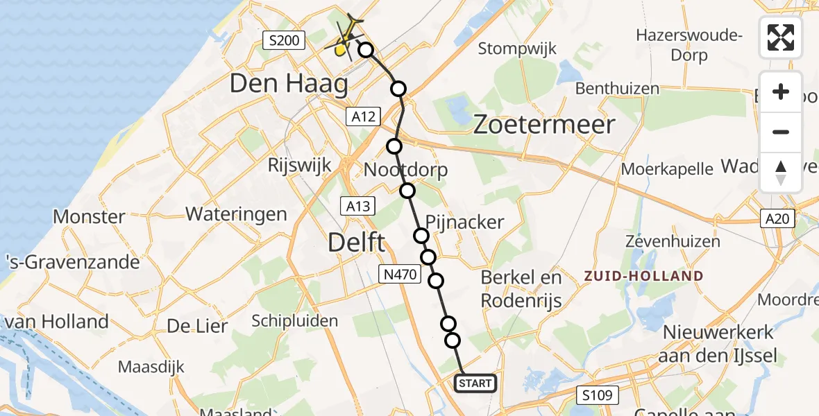 Routekaart van de vlucht: Lifeliner 2 naar Den Haag, Schieveense polder