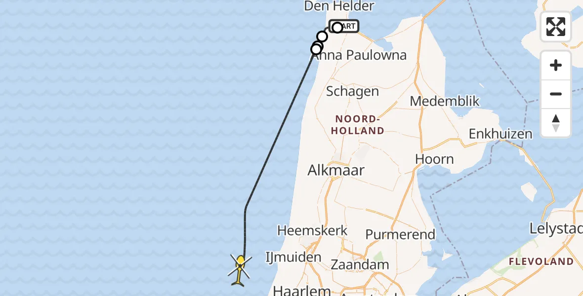 Vluchtroute Kustwachthelikopter van Vliegveld De Kooy naar 
