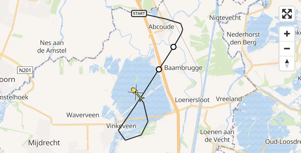 Routekaart van de vlucht: Politieheli naar Vinkeveen, Nieuwe Amsterdamseweg